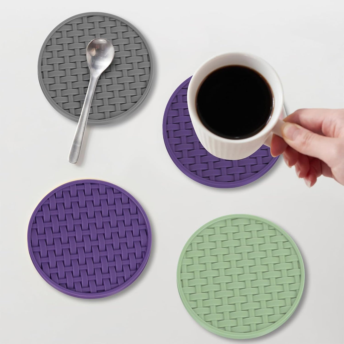 4 Inch Round Green Silicone Drink Coasters Set of 6 with Holder