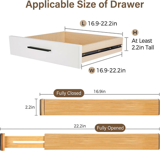 Adjustable Bamboo Drawer Dividers of 4, Expandable Organizers (16.9"-22.2")