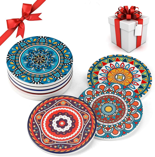 Coasters for Drinks, Set of 8 Absorbent Stone Coasters for Wooden Table, Mandala Ceramic with Cork Base, Gift for Housewarming Birthday and Family - Great Home and Dining Room Decor
