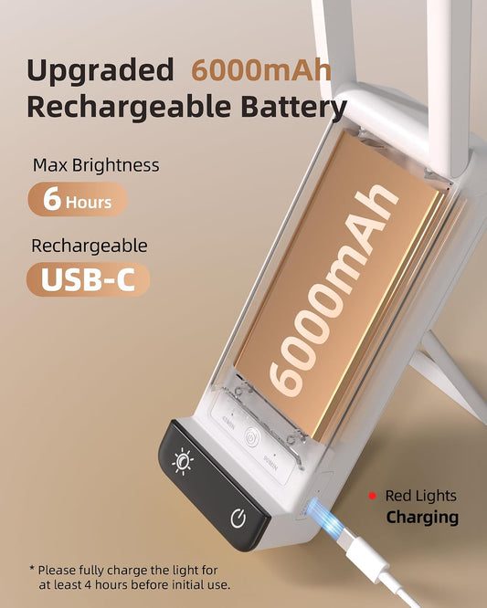 Rechargeable Desk Lamp, 6000mAh Cordless Table Lamp, Portable Desk Lamp for Craft, Reading, Puzzle, Dorm, Office - Timer, 3CCT, Dimmable, Foldable, White