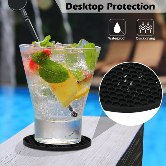 Silicone Coasters Set of 6 with Holder — Non-Slip Drink Coasters for Coffee Table, Home Bar & Kitchen, Protects Wood & Marble Surfaces from Water Rings, Dishwasher Safe (Black)