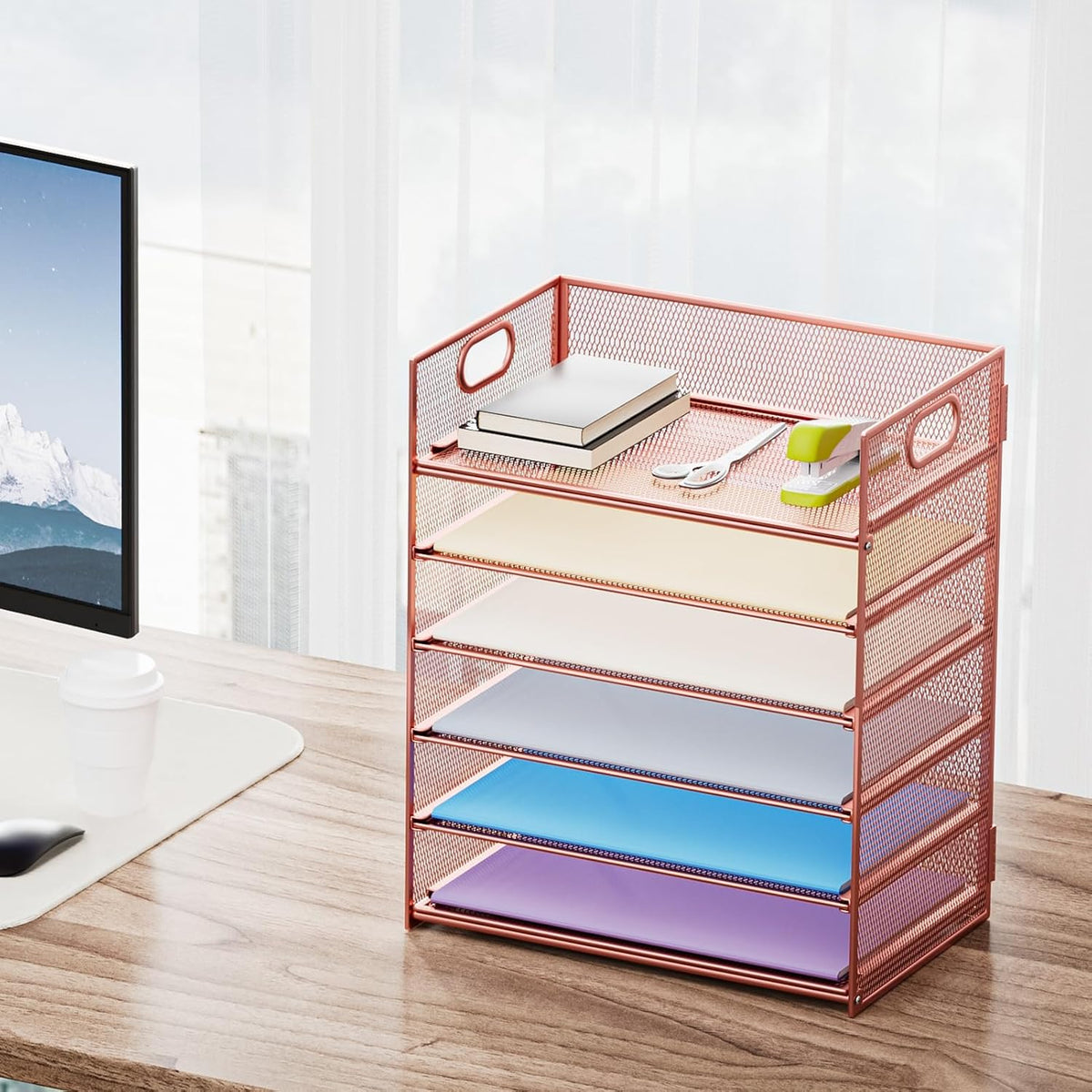 6 Tier Paper Organizer Letter Tray - Mesh Desk File Organizer with Handle, Paper Sorter Organizer for Letter/A4 Office File Folder Holder - Black