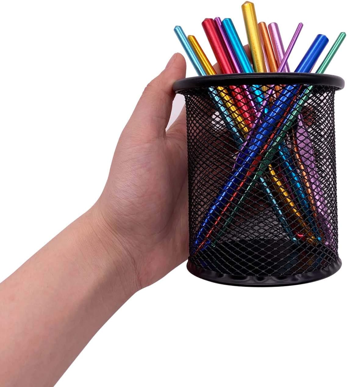 Black Pen Holder Cup for Desk, Pencil Cup Holder, Black Wire Mesh Pen Cup for Desk Office Pen Organizer
