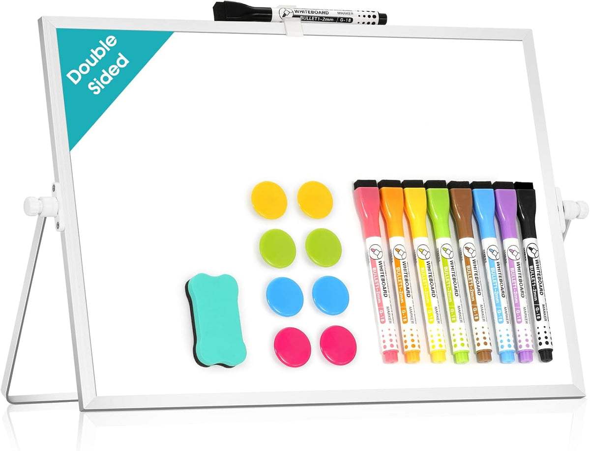 Dry Erase Small White Board, 16" x 12" Magnetic Desktop Whiteboard Stand