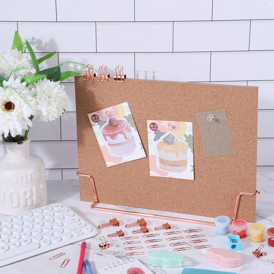 12.6 x 9 Inch Small Desktop Cork Board with Stand Rose Gold Bulletin Memo Message Picture Double Sided Pin Board for Office School Home with Binder Clips, Push Pins, Paperclips