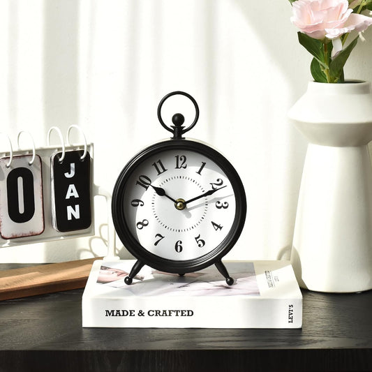 Vintage Black Table Clock on Stand, Decorative Desk and Shelf Clock,Decorative Battery Operated Table Top Clock for Living Room,Silent Non-Ticking(Small)