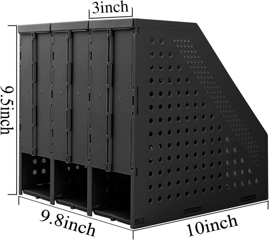 Collapsible Plastic Magazine File Holder Vertical Binder Storage Organizer for Desk Sturdy Upright Desktop Magazine Organizer Folder Rack for Office School Home (3 Compartments, Black)
