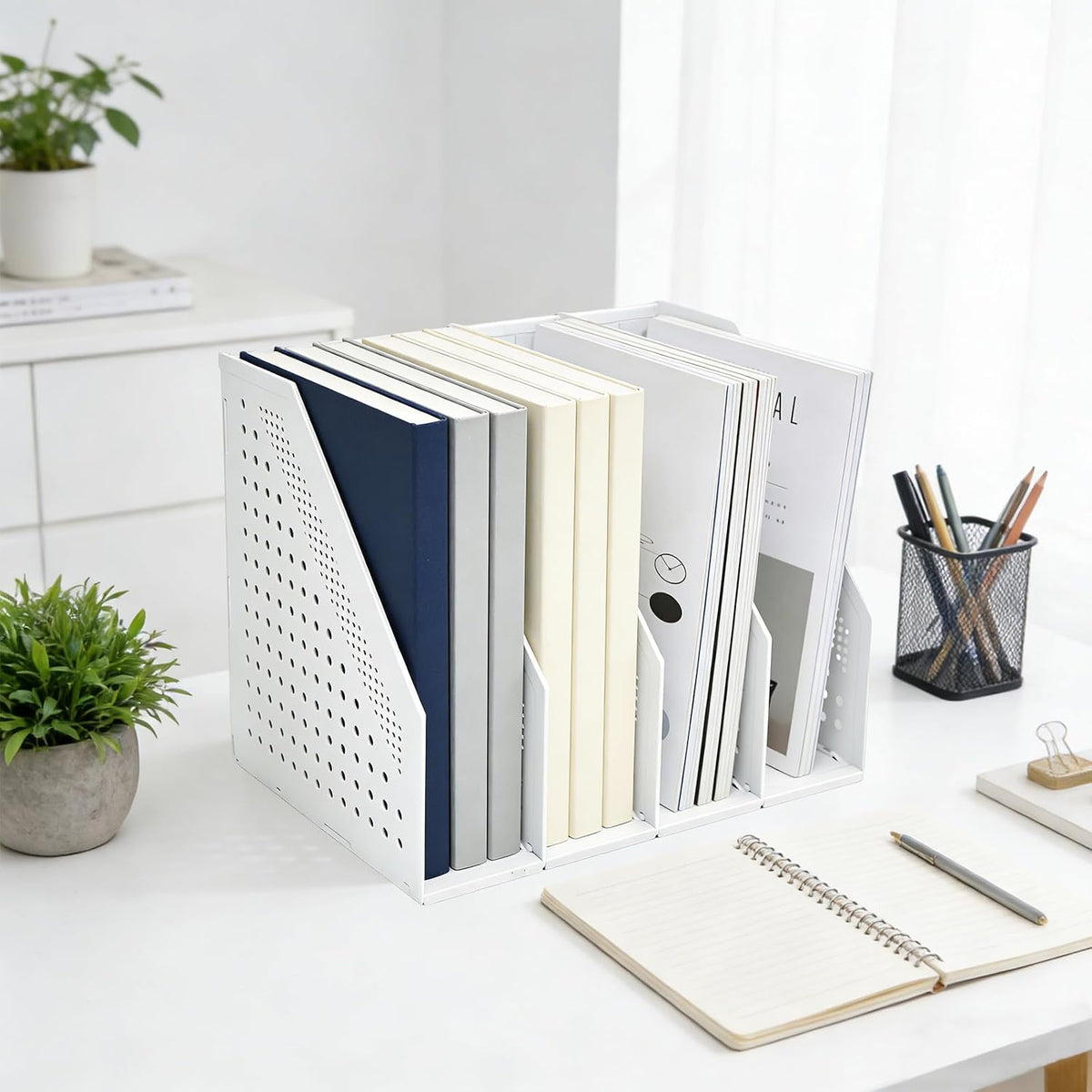 Collapsible Plastic Magazine File Holder Vertical Binder Storage Organizer for Desk Sturdy Upright Desktop Magazine Organizer Folder Rack for Office School Home (3 Compartments, Black)