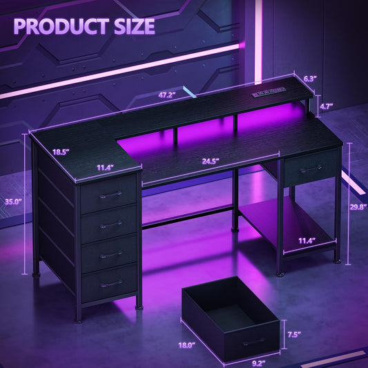 47 Inch Gaming Computer Desk with Power Outlets,LED,5 Drawers,Black
