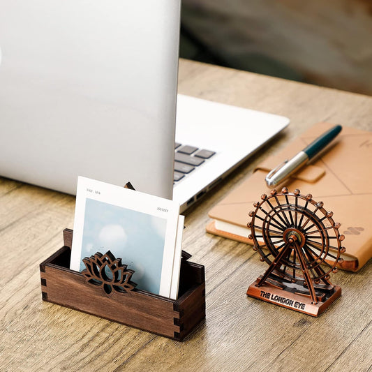 2 Pack Lotus Flower Business Card Holder, Wooden Decorative Business Card Holders for Desk Postcard Organizer Display Stand for Office Desktop(Dark Brown)