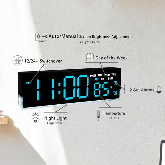 7-Inch LED Digital Alarm Clock with Bottom Glow Light|Displays Time, Date, Day, Temperature|Dual Alarms, DST, Auto/Manual 3-Level Brightness, Battery or USB Powered Desk Clock,Blue