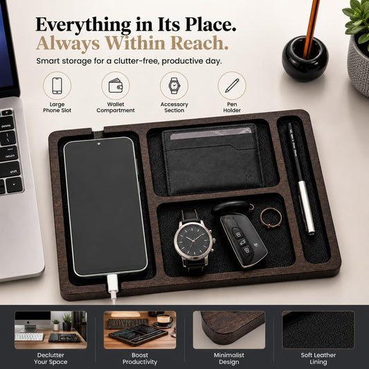 Desk Organizer Tray for Men with Ceramic Pen Holder, Wooden Valet Tray, Minimalist EDC Desk Organizer for Phone, Wallet, & Keys, Nightstand Bedside, Entryway, Birthday Gift for Him