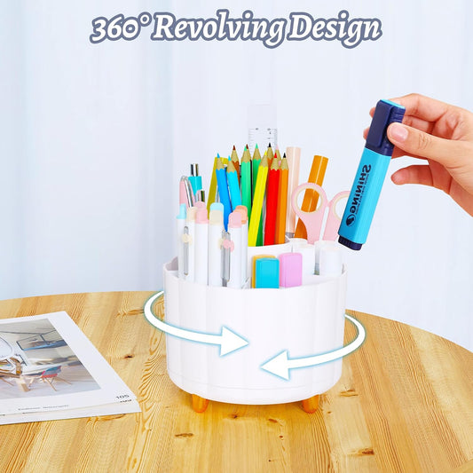 360 Rotating Pencil Pen Holder for Desk, White Pen Organizer with 6 Slots, Cute Office Supplies, Desk Accessories for Office, School, Home