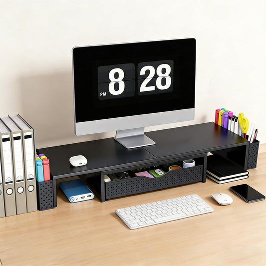 Dual Monitor Stand Riser with Drawer and 2 Pen Holders