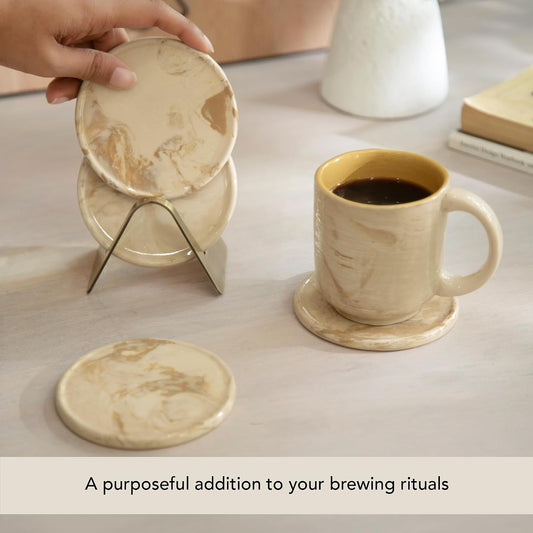 Ceramic Coaster Set with Holder – Set of 4 Handcrafted Drink Coasters for Table Protection – Premium Jupiter Design – Sturdy Bar Accessories for Coffee Table & Desk