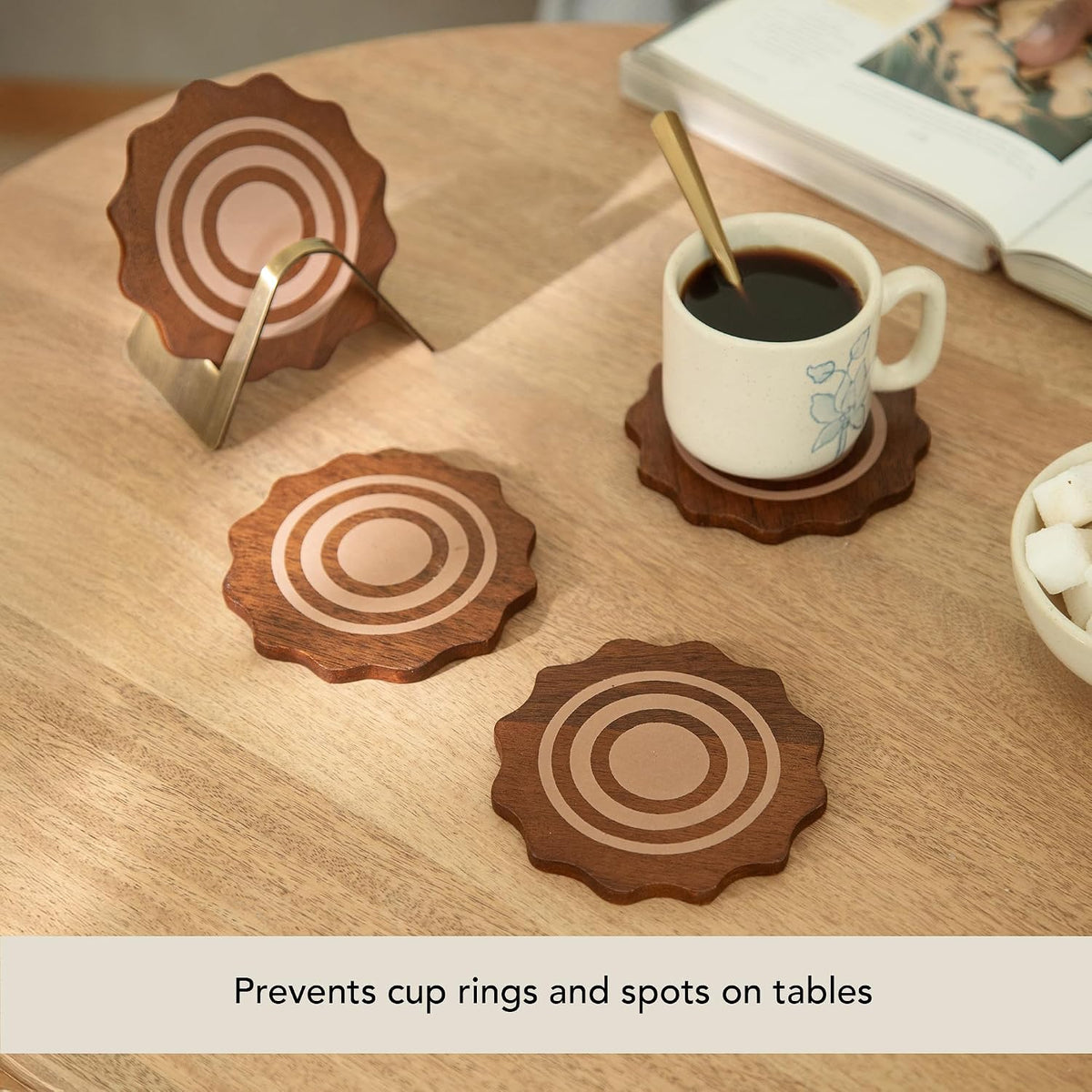 Ceramic Coaster Set with Holder – Set of 4 Handcrafted Drink Coasters for Table Protection – Premium Jupiter Design – Sturdy Bar Accessories for Coffee Table & Desk