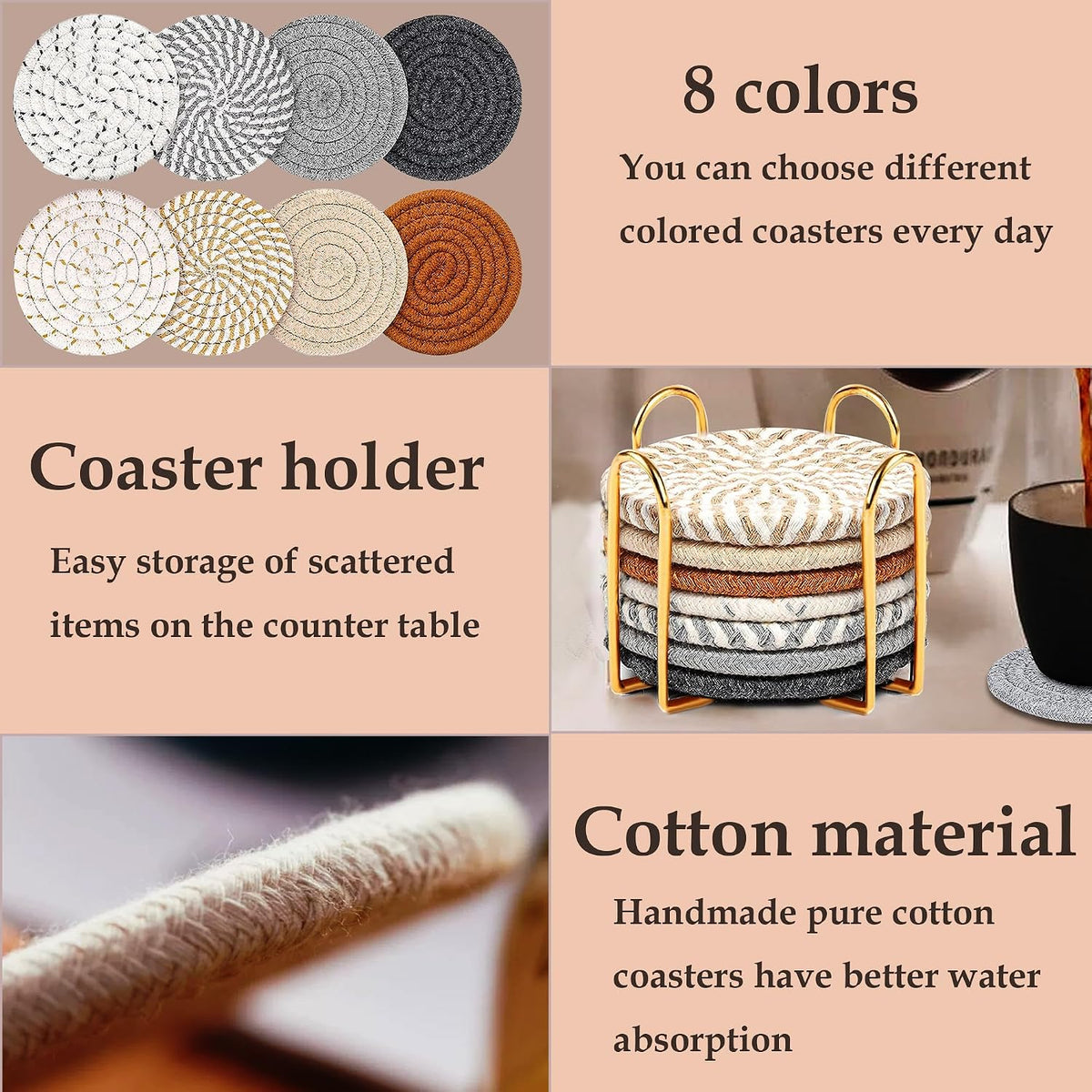Woven Coasters Set of 8, Absorbent Drink Coasters with Holder, Boho Cotton Coffee Cup Coaster for Table, Desk, Coffee Bar, Housewarming Gift (8 Colors,4.17 Inch)