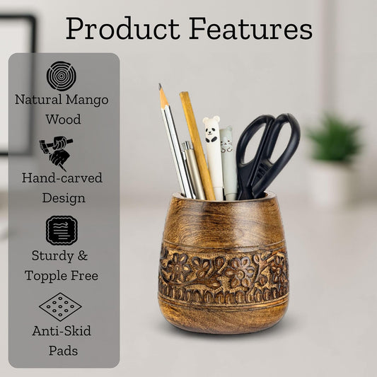 Rustic Pencil Holder, Wooden Pen Stand, Table Desk Organizer