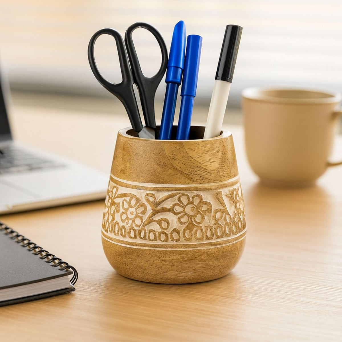 Rustic Pencil Holder, Wooden Pen Stand, Table Desk Organizer