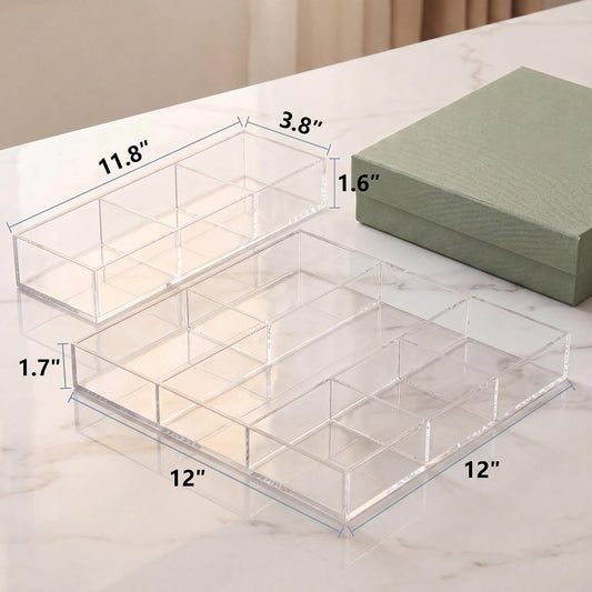 2 Pack Acrylic Drawer Organizer Tray, 6/3 Section Clear Makeup Tray Organizer for Drawer, Junk Drawer Storage for Office Desk Supplies and Accessories