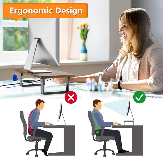 Monitor Stand Riser with 50 LB Capacity, Stable Wood Computer Monitor Stand for Desk Organizers, Anti-slip Computer Riser Monitor Shelf for PC Laptop Notebook Printer Computer iMac, Rustic Brown