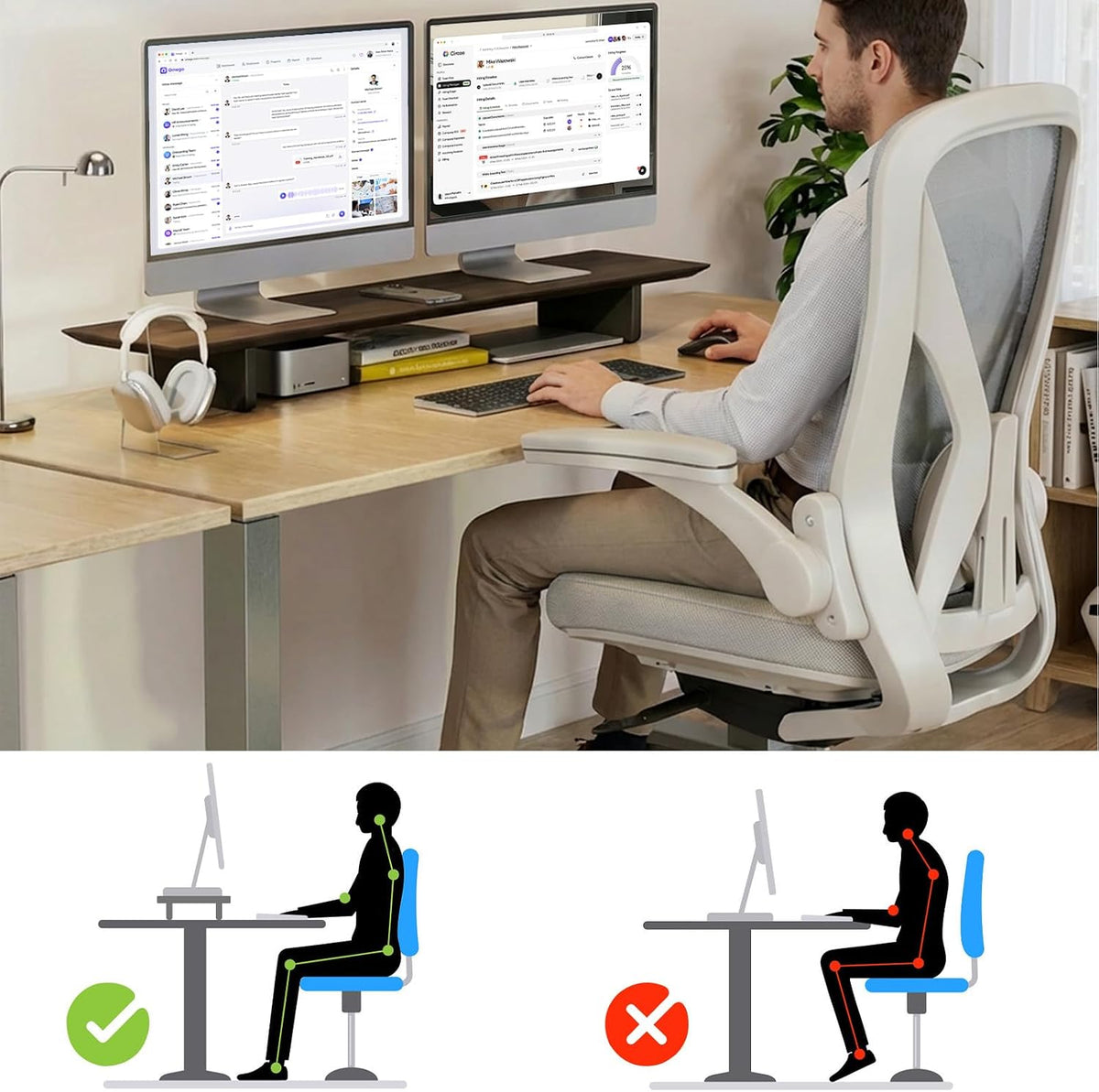 Solid Wood Dual Monitor Stand Riser, 43 Inch Rubberwood Desk Shelf for Top of Desk, Wood Monitor Stand for Desk 2 Monitors up to 27", Desktop Organizer for Laptop, TV, Printer