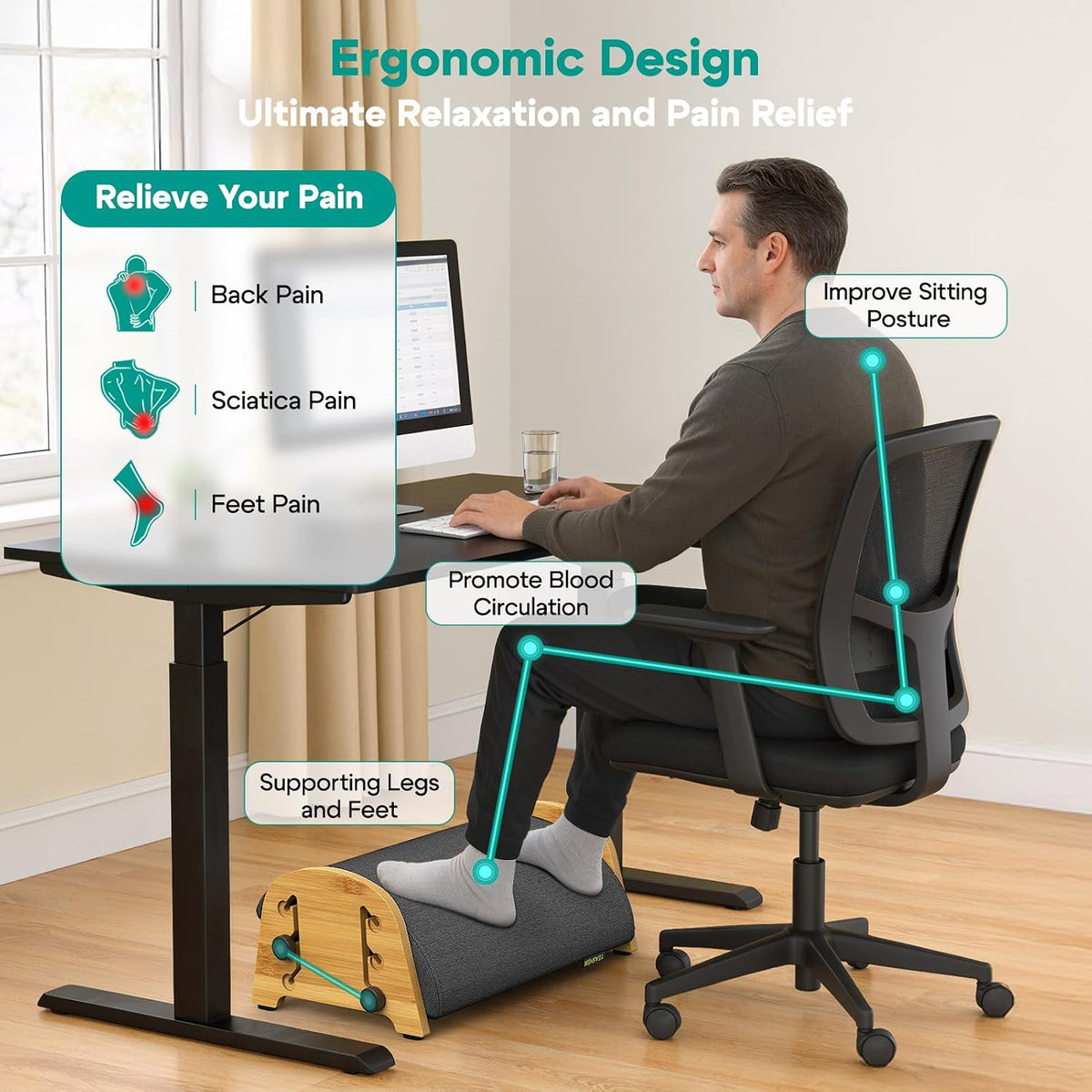 YESHEIN Ergonomic Foot Rest Under Desk At Work, 6 Positions, Bamboo Wood