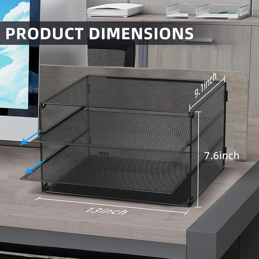 3 Tier Letter Tray Paper Organizer with Sliding Mesh Trays Black