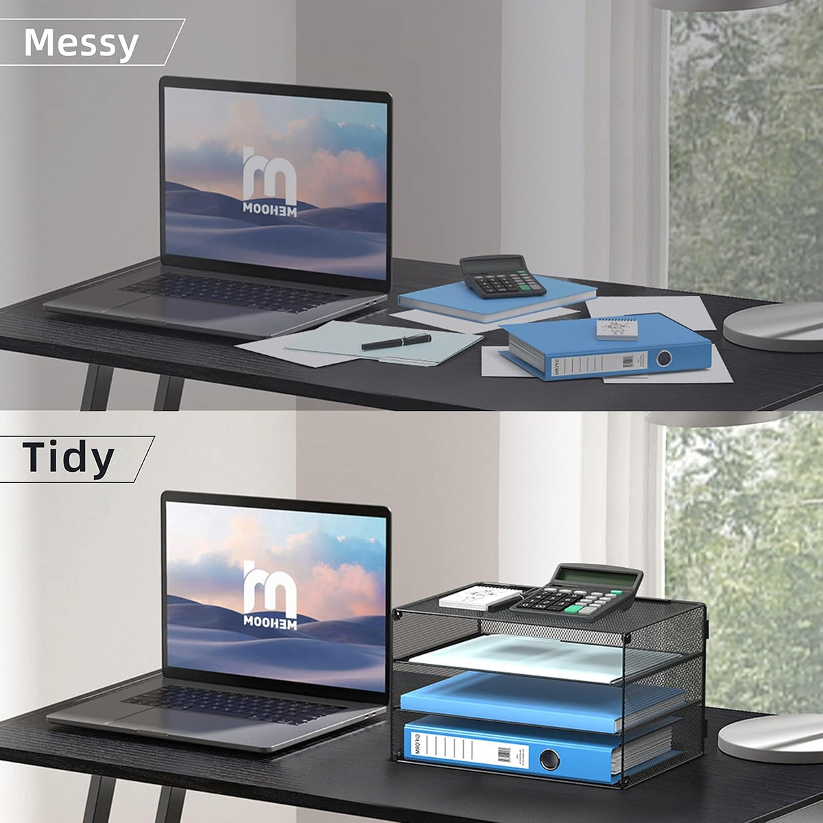 3 Tier Letter Tray Paper Organizer with Sliding Mesh Trays Black