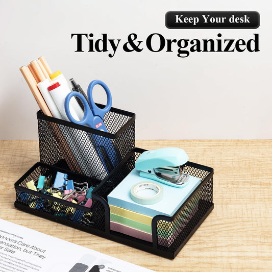 Mesh Pen Holder Desk Organizers Pencil Holder for Desk Black, 3 Compartments Metal Office Supply Organizer with Sticky Notes Holder for School Home Office