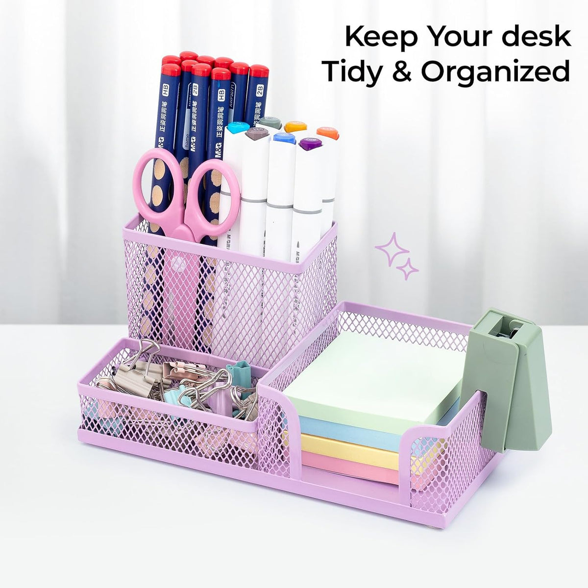 Mesh Pen Holder Desk Organizers Pencil Holder for Desk Black, 3 Compartments Metal Office Supply Organizer with Sticky Notes Holder for School Home Office