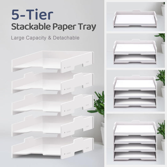 5-Tier Stackable Paper Tray - File Organizer for Desk, Paper Sorter, Desktop Letter Trays, Workspace Desk Organizer Trays for Home Office School