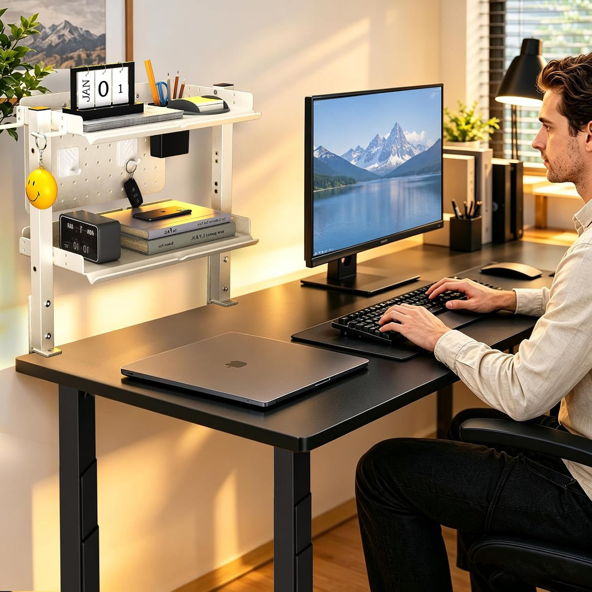 Metal Clamp On Desk Shelf,Storage Shelves with Pegboard and Pencil Holder