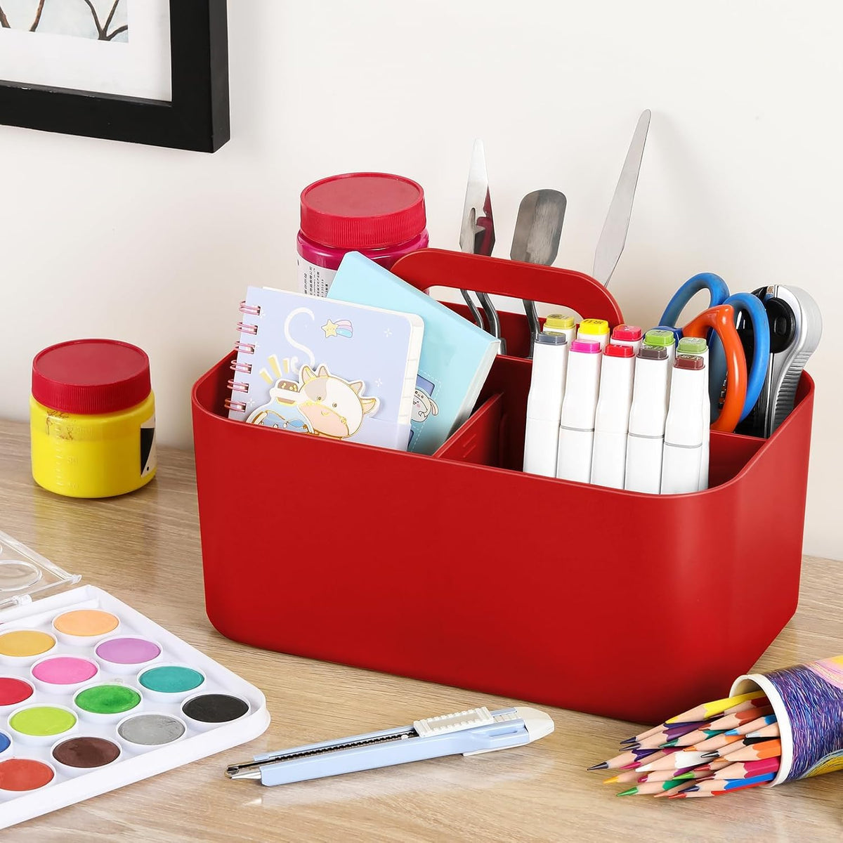 Multiuse Caddy Organizer with Handle, Portable Divided Plastic Tote Bin - Art Craft, Stationary Pen Marker Crayons, Makeup Hair Supplies Storage - Bathroom, Classroom, Dorm, Office, Desk Holder -Black