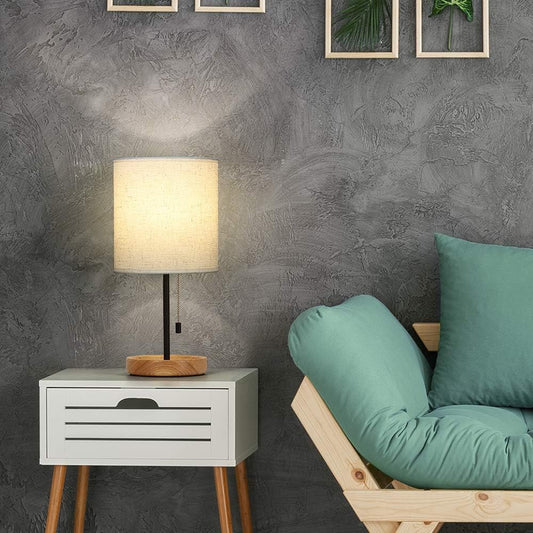 Modern Table Lamp, Nightstand Desk Lamp, Bedside Lamp with Wood Base and Linen Shade for Living Room, Bedroom, Office, College Dorm