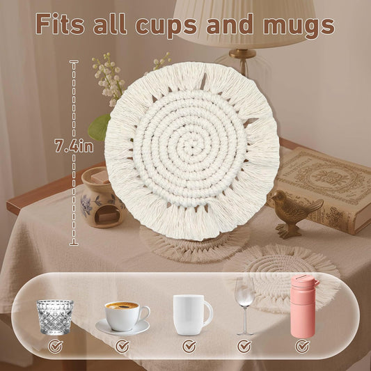 Boho Coasters for Drinks, Handmade Coasters 7.4in, 2p Beige