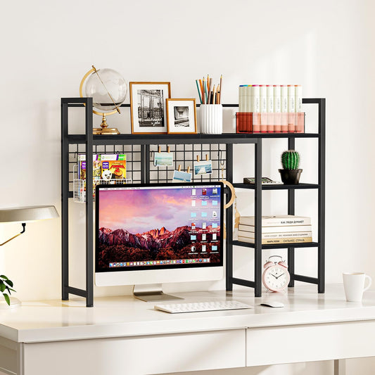 Desk Shelf, 38.6" Desktop Organizer Shelf, Desk Hutch for Computer Monitor, 4 Tier Desk Display Rack with Pegboard Hooks Set, Wood Desktop Bookshelf for Home Office Dorm, Black