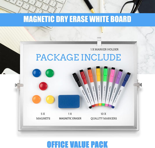 Dry Erase White Board, Magnetic Desktop Whiteboard 16 x 12inch with Stand, 10 Markers, 4 Magnets and 1 Eraser, Portable Double-Sided White Board for Kids Drawing, Office, Home, School