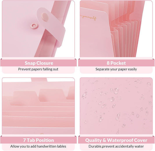 Expanding File Folder, Accordion File Organizer with 8 Pockets, Expandable Document Paper Receipt Holder for School Office Hospital, Letter/A4 Size Pink