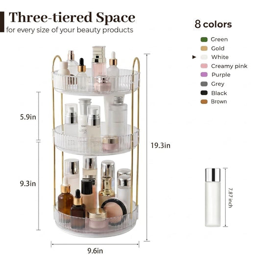 3-Tier 360° Rotating Makeup Organizer, Clear Spinning Perfume Cosmetic Storage for Vanity Countertop, Sturdy Metal Pole Skincare Holder Stand for Bathroom Dresser, White