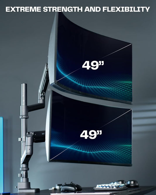 Pneumatic Arm Dual Ultrawide Monitor Extra Tall Desk Mount for Up to 49 inch Screens, Heavy Duty Clamp, Holds 2 Ultra Wides Up to 44 lbs, Black, STAND-V120K