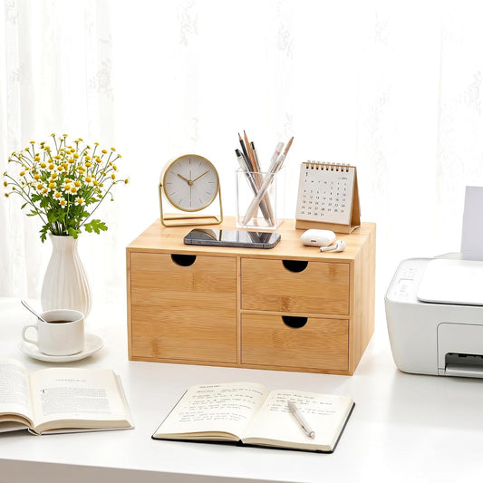 Bamboo Desk Organizer with Drawers, Desktop Storage Box for Office Supplies