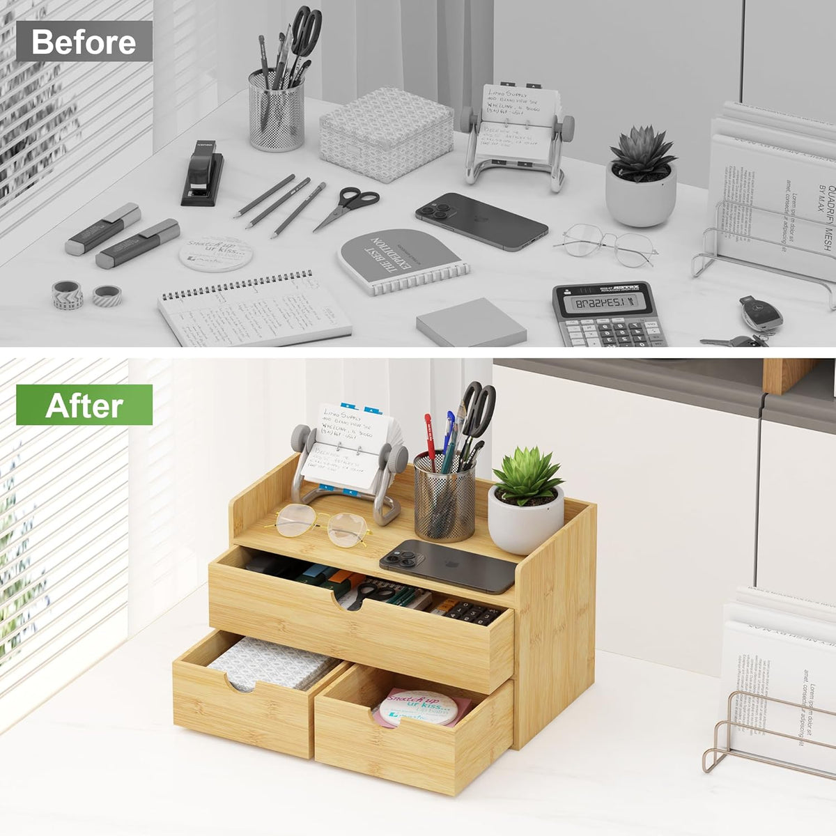 Bamboo Desk Organizer with Drawers, Desktop Storage Box for Office Supplies