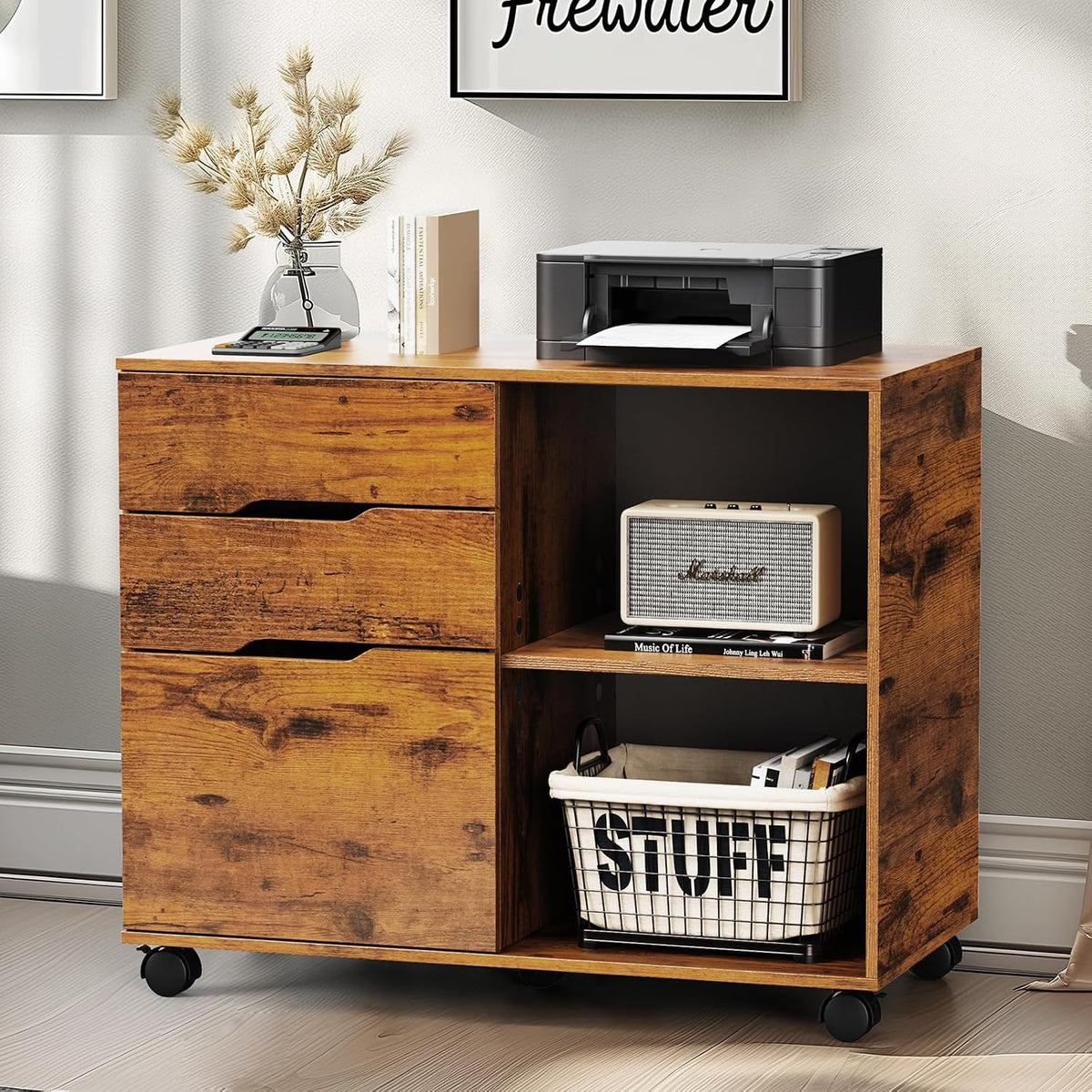DUMOS 3 Drawer Rolling File Cabinet, Wood Printer Stand with Storage