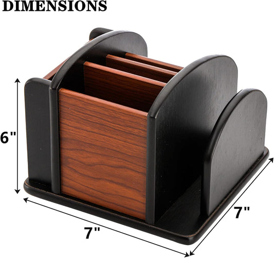 Wood Rotating Remote Caddy, Spinning Remote Control Holder for Table, 6-Compartment Wooden Revolving Office Supplies Desktop Storage Organizer for Pen, Pencil, Mail, Desk, Home, Living Room