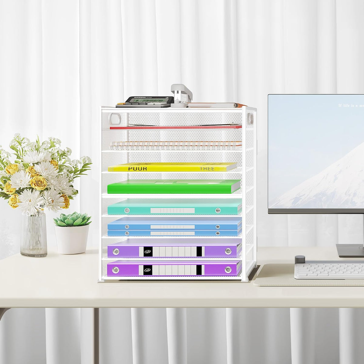 9 Tier Paper Organizer with Handle, Black Large Capacity Desk Organizer Mesh File Folder Letter Paper Tray Desktop Document Sorter for Classroom, School, and Office Accessories Organization