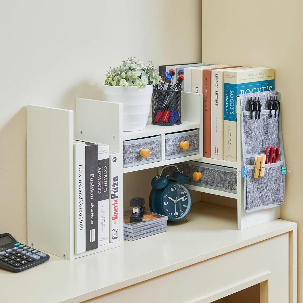 Adjustable Desk Shelves for Storage, Desktop Bookshelf with 3 Drawers, White Wood Desk Shelf for Top of Desk, Corner Desktop Organizer for Women Office