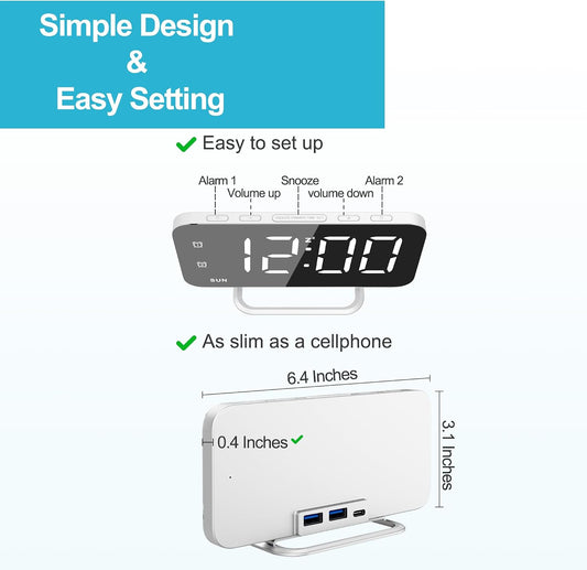Slim LED Digital Alarm Clock, Mirror Surface for Makeup, with Diming, Large Display, Easy Setting, USB Charger Ports, Modern Bedroom, Desk, Office Living Room Decor, Christmas Birthday for Women Girl