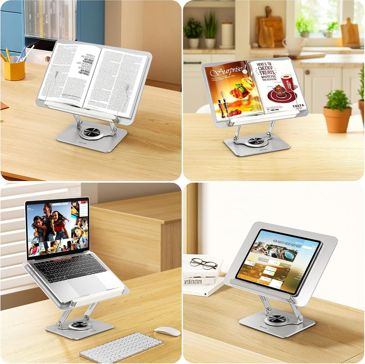 BS02 Book Stand for Reading, Adjustable Book Holder, Ergonomic Laptop Stand, Cookbook Stand, Recipe Book Holder with Elastic Page Clips for Music Scores, Recipe, Tablet