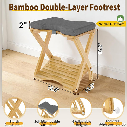 Double Step Foot Rest Under Desk at Work, Bamboo Foot Stool with 6 Adjustable Heights, Ergonomic Under Desk Footrest with Cushion for Home, Office & Gaming (Natural Color)